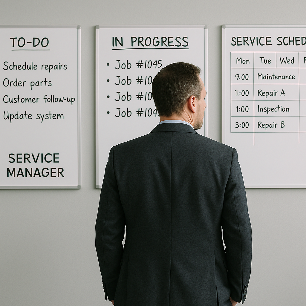 Manager service manager standing in front of whiteboards with a suit on