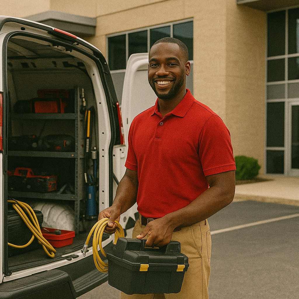 Black service professional with a red shirt on standing outside of a commercial business